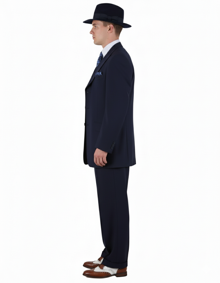 Men’s 1920s Navy Blue Zoot Suit – Classic Gangster 3-Piece Long  - Classic Fit Pleated Pants