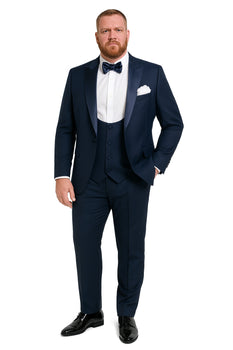 Men’s Navy Blue Tuxedo with Satin Peak Lapel with navy sateen  – 3 Piece Formal Suit with Vest and Bow Tie