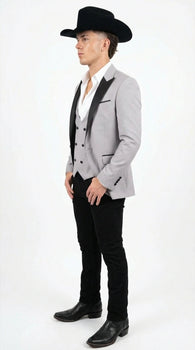 Men’s Light Gray Cowboy Tuxedo with Black Satin Lapel – Western Formal Suit with Double Breasted Vest