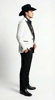 Men’s White Cowboy Tuxedo with Black Satin Lapel – Western Formal Suit with Matching Vest