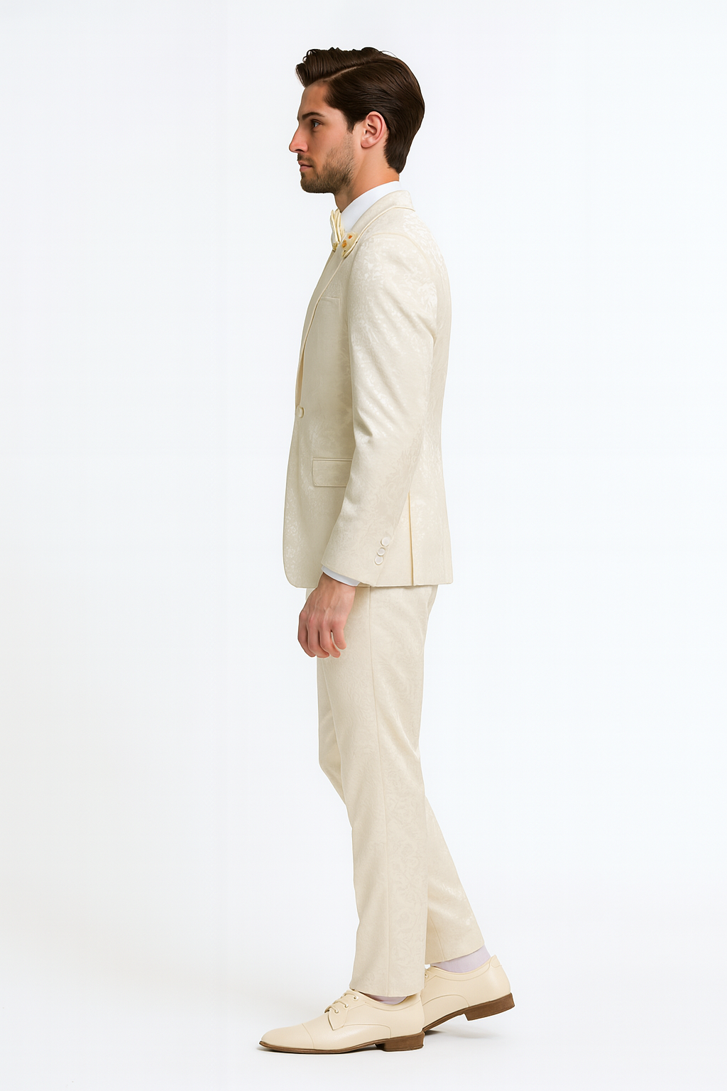 Men’s Champaign Ivory  Jacquard Paisley Tuxedo Suit with Satin Shawl Lapel – Elegant Wedding and Prom Outfit By Rossiman
