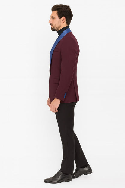 Mens Burgundy Tuxedo Dinner Jacket Blazer with Blue Satin Shawl Lapel  Wedding and Party Jacket - Image 3