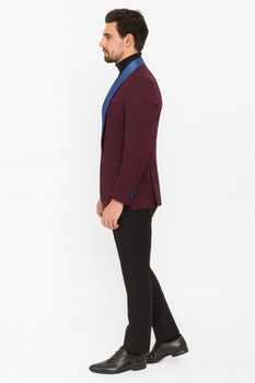 Mens Burgundy Tuxedo Dinner Jacket Blazer with Blue Satin Shawl Lapel  Wedding and Party Jacket - Image 3