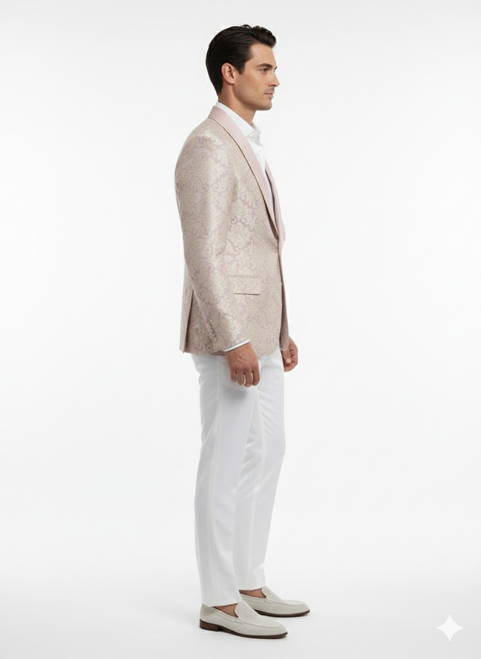 Men’s Lavender and Gold Tuxedo Embroidered Lilac Mauve Blazer – Designer Floral Pattern Wedding & Party Jacket