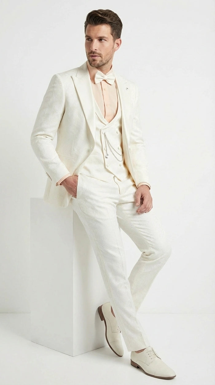 Vinci Men’s Ivory Three Piece Suit – Ivory 3PC Formal Wedding Suit for Groom, Prom and Black Tie Events  Modern Fit