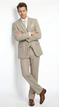 Men’s Tan Pinstripe Three Piece Suit – Classic Fit Pleated Pants  Tan Sand Beige Wedding, Church Shadow Ton on Tone  Business Suit for Men