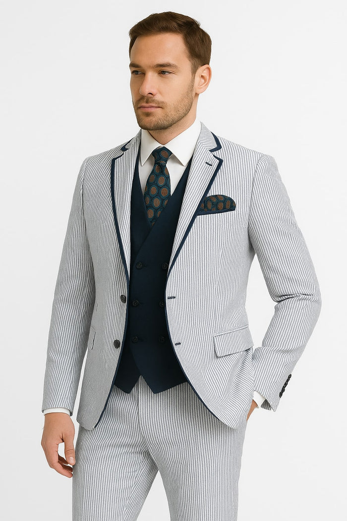 Men's White and Navy Pinstripe Suit with Contrast Trim – 3-Piece Seersucker Style Set for Weddings and Summer Events - Image 4