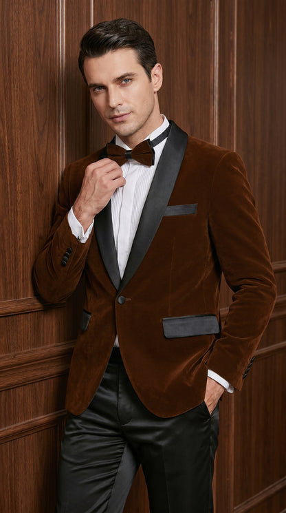 Men’s Brown Camel Bronze Velvet Tuxedo Jacket, Shawl Lapel Wedding Prom Dinner Blazer - Blazer Sportcoat