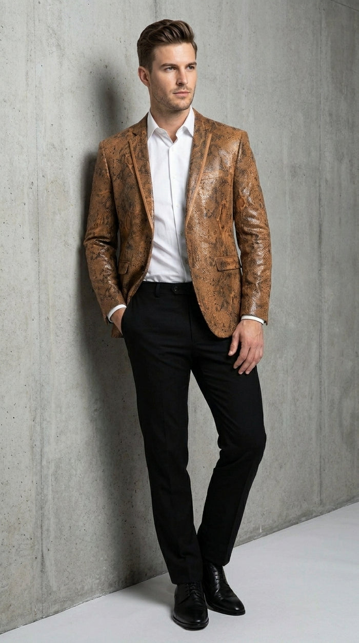 Men’s Brown Snakeskin Pattern Blazer – Stylish Exotic Print Formal Blazer Jacket for Party, Exotic Crocodile Alligator Print