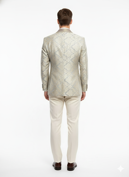Men’s Champaign Silver and Cream Embroidered Luxury Blazer – Floral Pattern Wedding & Party Dinner Jacket in Light Tan Color