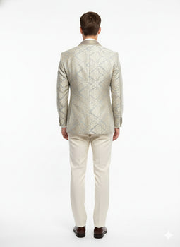 Men’s Champaign Silver and Cream Embroidered Luxury Blazer – Floral Pattern Wedding & Party Dinner Jacket in Light Tan Color