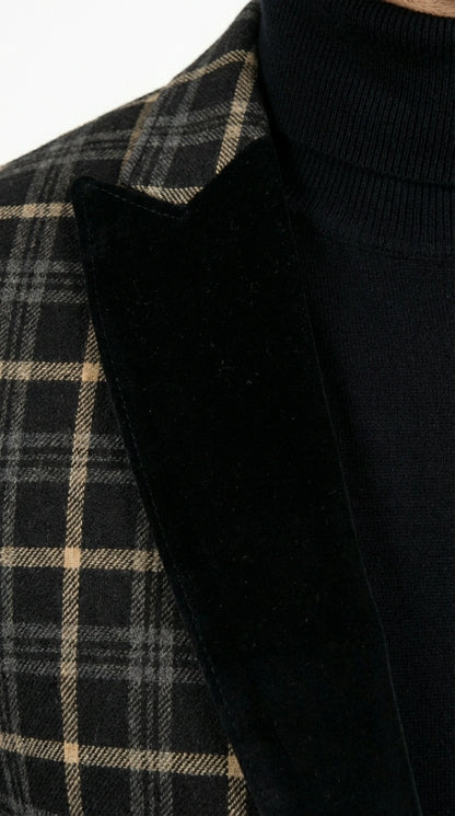 Mens Tartan Black and Gold Check Blazer – Windowpane Plaid Sport Coat Velvet Lapel Formal Party Jacket Chirsitmas New Year Holiday Jacket