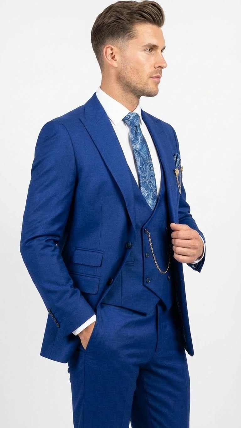 Men’s Royal Blue 3 Piece Suit Set with Vest – Formal Wedding and Party Wear Suit - Saphire Cobalt blue Modern Fit
