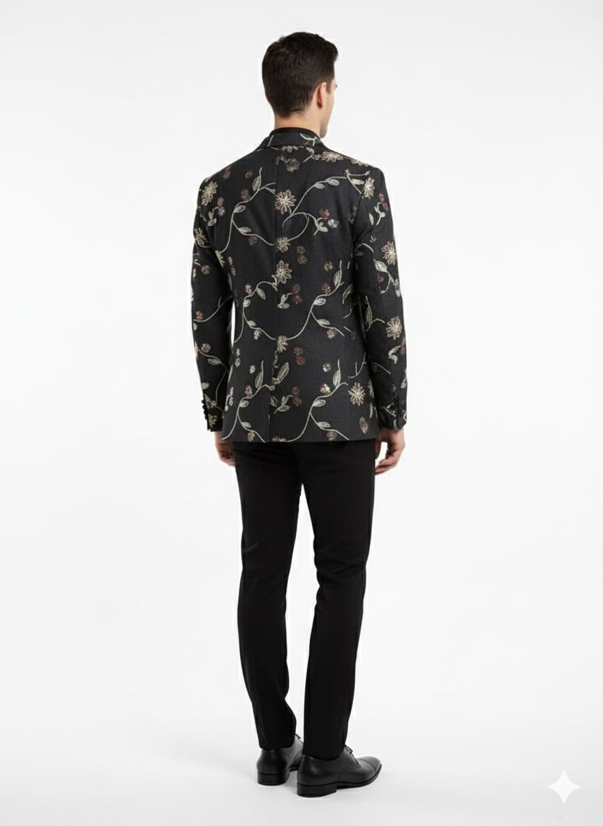 Luxury Black Floral Embroidered Blazer for Men – Designer Party and Wedding Wear Jacket - Image 3