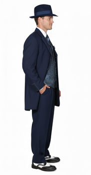 Mens 1920s Navy Blue Zoot Suit – Vintage Gangster 3-Piece Long Jacket Suit Classic Fit Pleated Pants - Image 2
