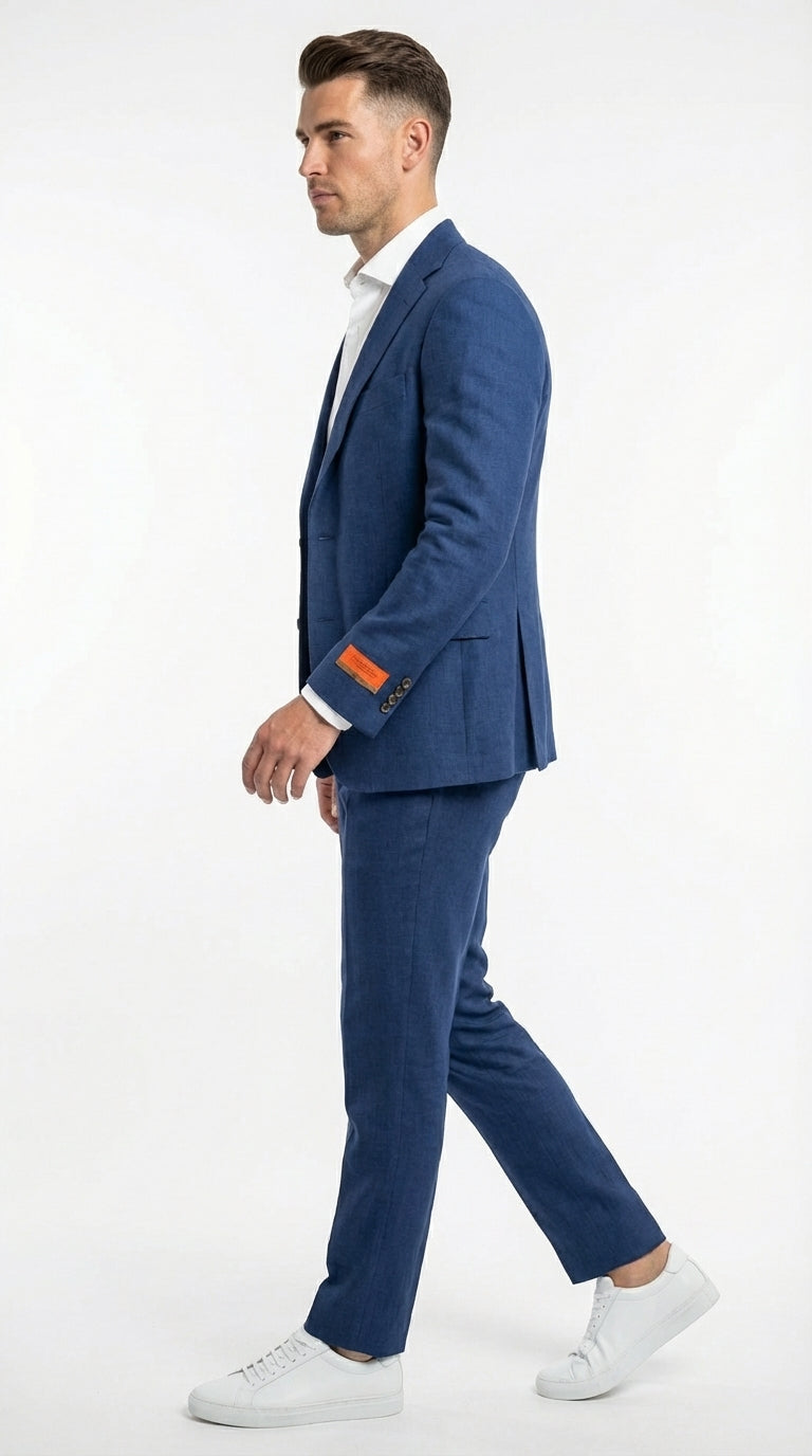 Mens Enzo Tovare Denim Blue Linen Summer Suit – Breathable Two Piece Suit for Wedding, Business, Travel Modern Fit
