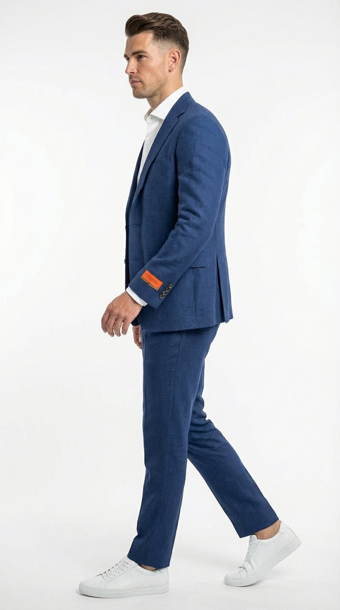 Mens Enzo Tovare Denim Blue Linen Summer Suit – Breathable Two Piece Suit for Wedding, Business, Travel Modern Fit