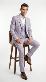 Men’s Lilac Lavender Windowpane Check 3 Piece Suit – Lilac Plaid Formal Suit with Vest for Wedding, Prom and Business Events