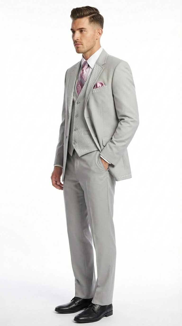 Men’s Light Gray 3 Piece Suit – Ice Silver Gray Formal Suit Set with Vest, Patterned Lapel and Tie for Wedding, Prom and Business Events  Modern Fit