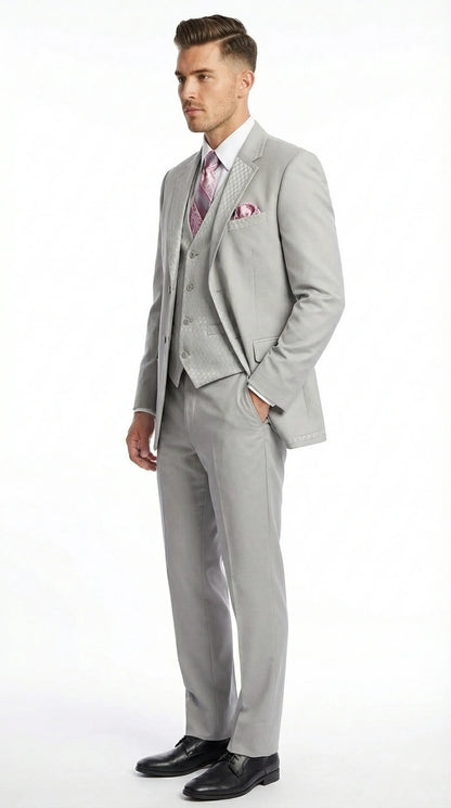Men’s Light Gray 3 Piece Suit – Ice Silver Gray Formal Suit Set with Vest, Patterned Lapel and Tie for Wedding, Prom and Business Events  Modern Fit