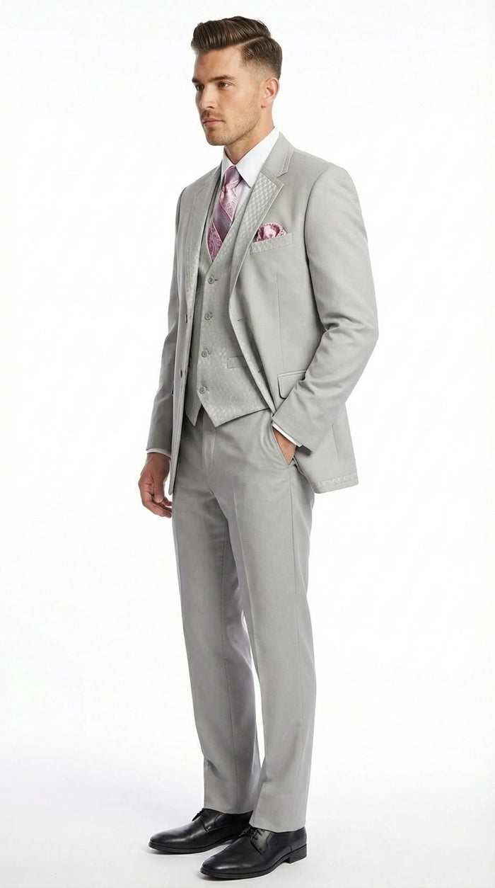Men’s Light Gray 3 Piece Suit – Ice Silver Gray Formal Suit Set with Vest, Patterned Lapel and Tie for Wedding, Prom and Business Events  Modern Fit