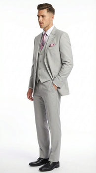 Men’s Light Gray 3 Piece Suit – Ice Silver Gray Formal Suit Set with Vest, Patterned Lapel and Tie for Wedding, Prom and Business Events
