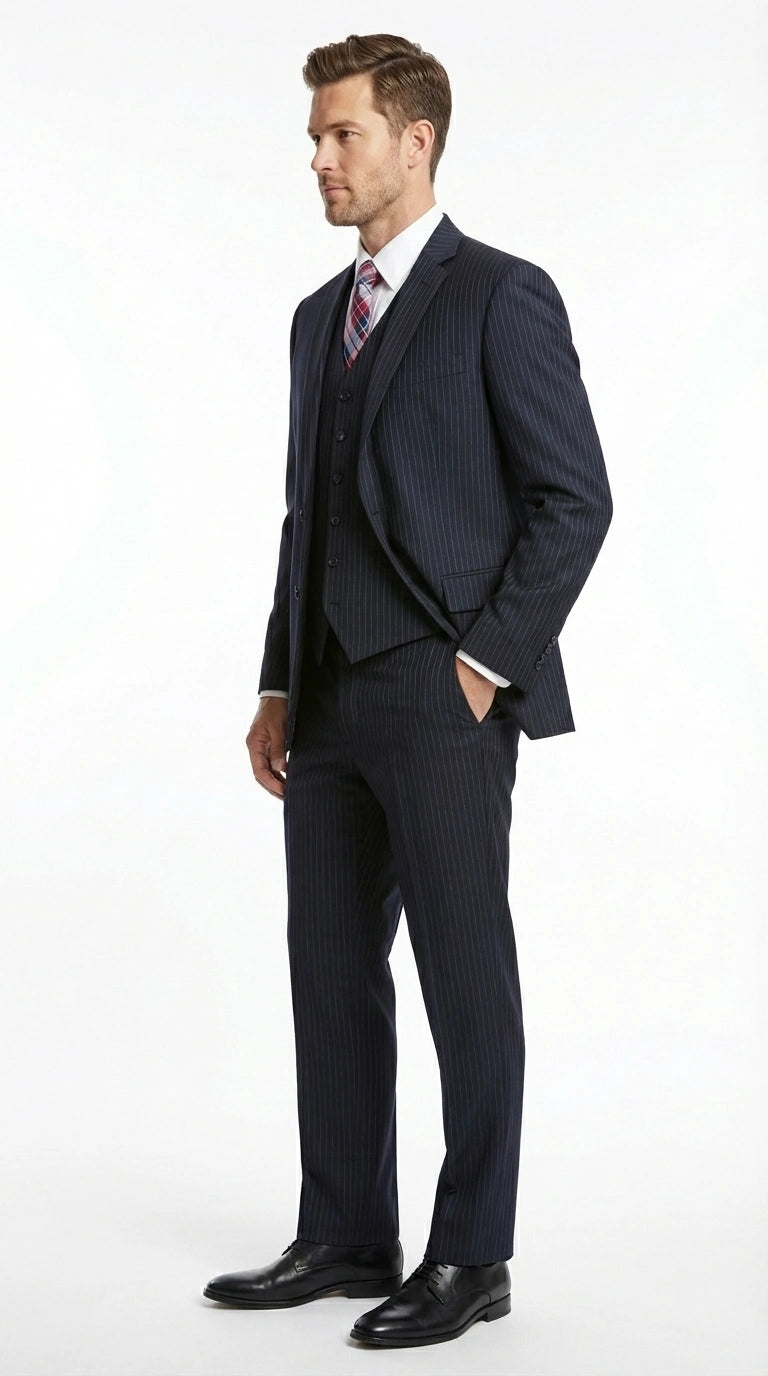 Italian Made By Statment - 100% Wool Fabric Super 150's  Banker Pinstripe in Navy Charcoal Black 2 Button Suit Modern Fit 2 Buttons Notch Lapel