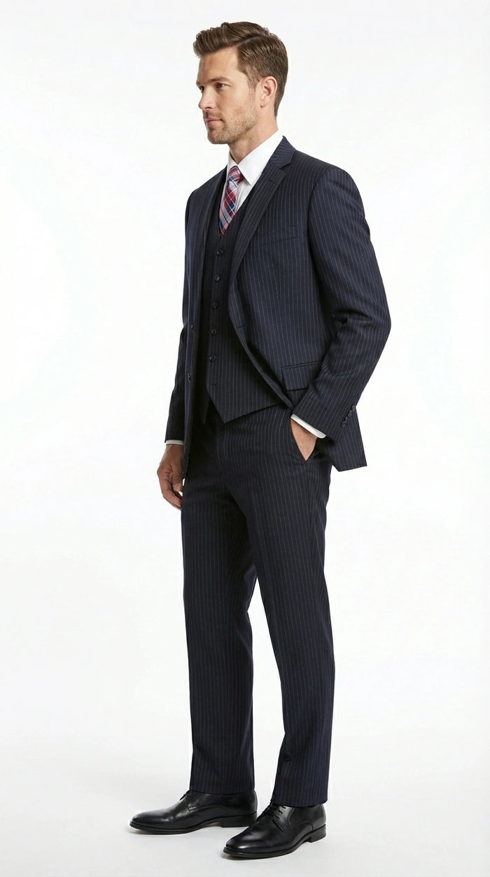 Italian Made By Statment - 100% Wool Fabric Super 150's  Banker Pinstripe in Navy Charcoal Black 2 Button Suit Modern Fit 2 Buttons Notch Lapel