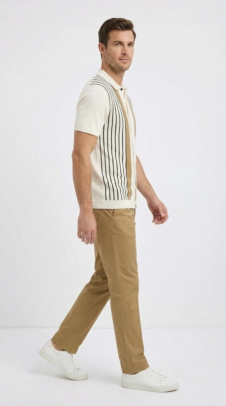 Mens Cream and Tan Striped Walking Suit plus Matching Pants  – Casual Summer Short Sleeve Shirt and Pants Outfit for Vacation, Travel and Everyday Wear