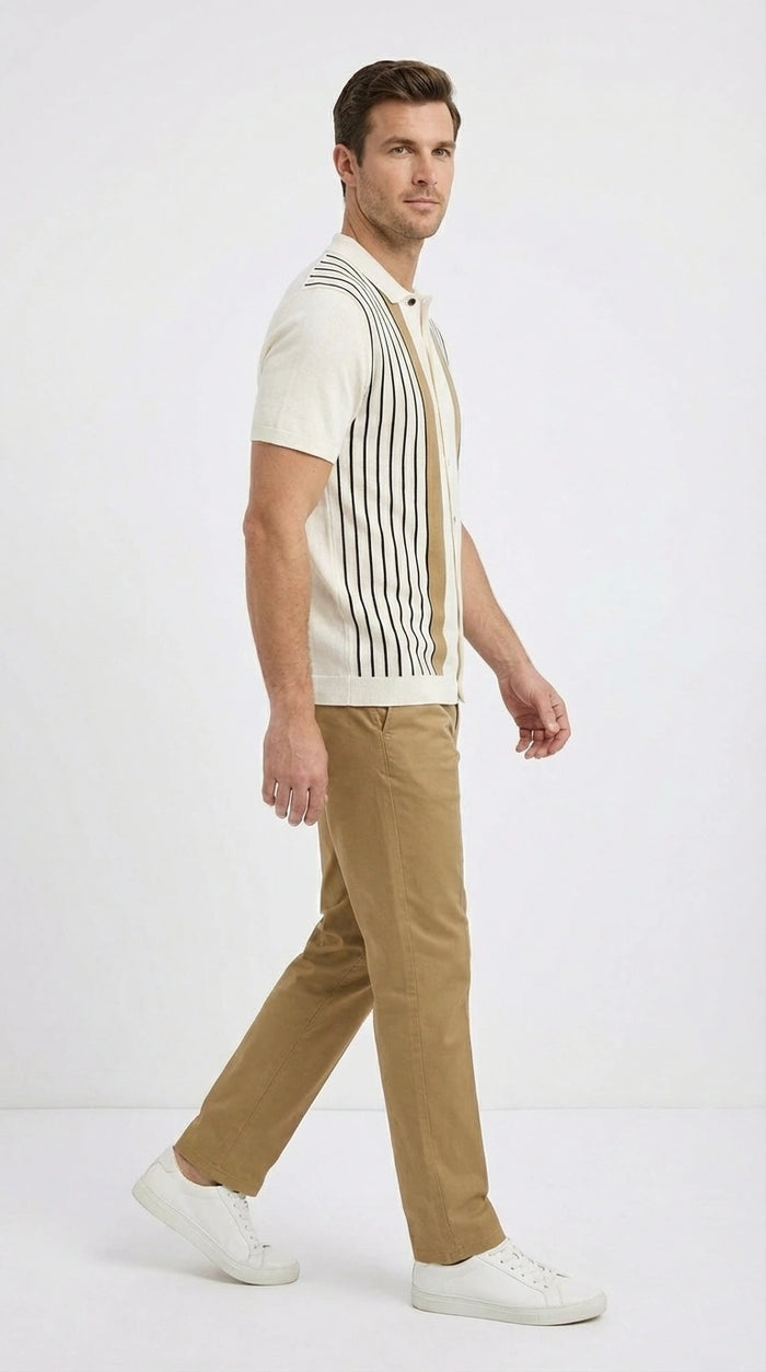 Mens Cream and Tan Striped Walking Suit plus Matching Pants  – Casual Summer Short Sleeve Shirt and Pants Outfit for Vacation, Travel and Everyday Wear