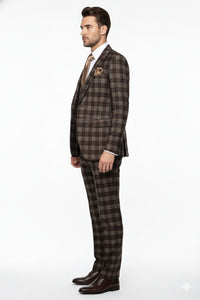 Men’s Brown Plaid Windowpane Three-Piece Suit Set – Classic Slim Fit Jacket, Double-Breasted Vest and Modern Fit Pants  By Rossiman