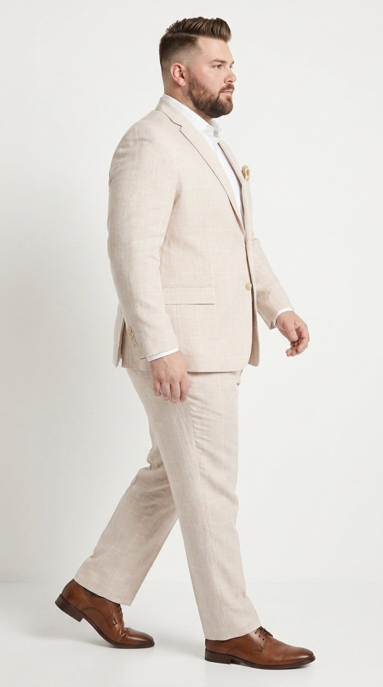 Men’s Big and Tall Beige Linen Suit – Summer Wedding and Formal 2-Piece Suit