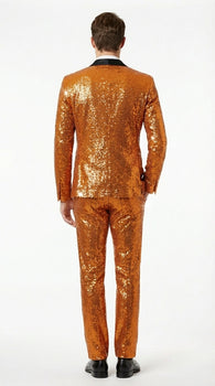 Mens Orange Sequin Tuxedo Suit – Shiny Wedding Suit Set with Black Lapel for Prom, Party, Gala and Formal Evening Wear - Goldish Orange