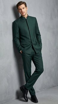 Men’s Olive Green Tuxedo Mandarin Collar Suit – Modern Nehru Style Formal Suit for Wedding Banded Collar