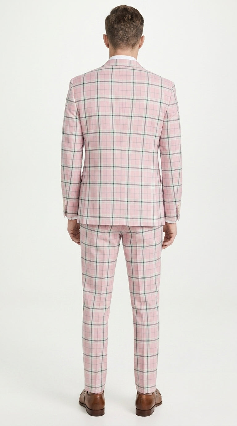 Men’s Pink Plaid Suit with Check Pattern Blazer and Matching Pants, Formal Wedding Party Dress Suit