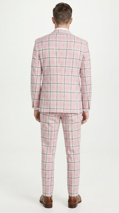 Men’s Pink Plaid Suit with Check Pattern Blazer and Matching Pants, Formal Wedding Party Dress Suit