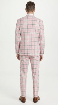 Men’s Pink Plaid Suit with Check Pattern Blazer and Matching Pants, Formal Wedding Party Dress Suit