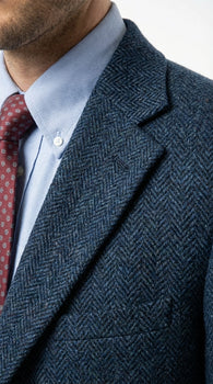 Mens Light Blue Tweed Blazer Sport Coat – Classic Herringbone Jacket Formal Business Casual Smart Outerwear in indigo cobalt blue