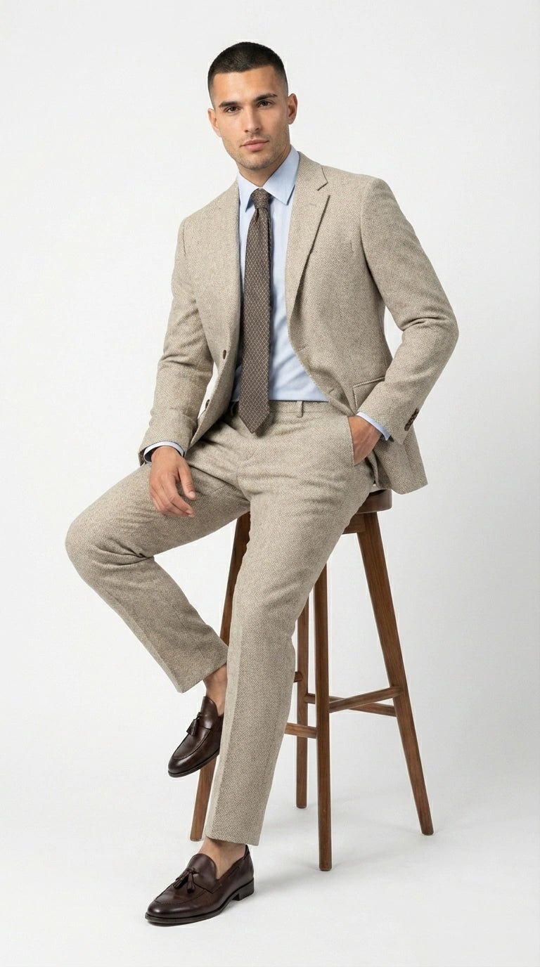 Men’s Light Tan Tweed Suit – Classic Beige Two Piece Suit, Herringbone Formal Wear, Vintage Style Business & Wedding Outfit for Men