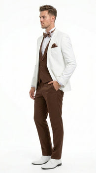 Men’s Ivory and Brown 3 Piece Suit – Elegant White Blazer with Brown Vest and Trousers for Wedding, Prom and Formal Events in off White Cream + Bowtie