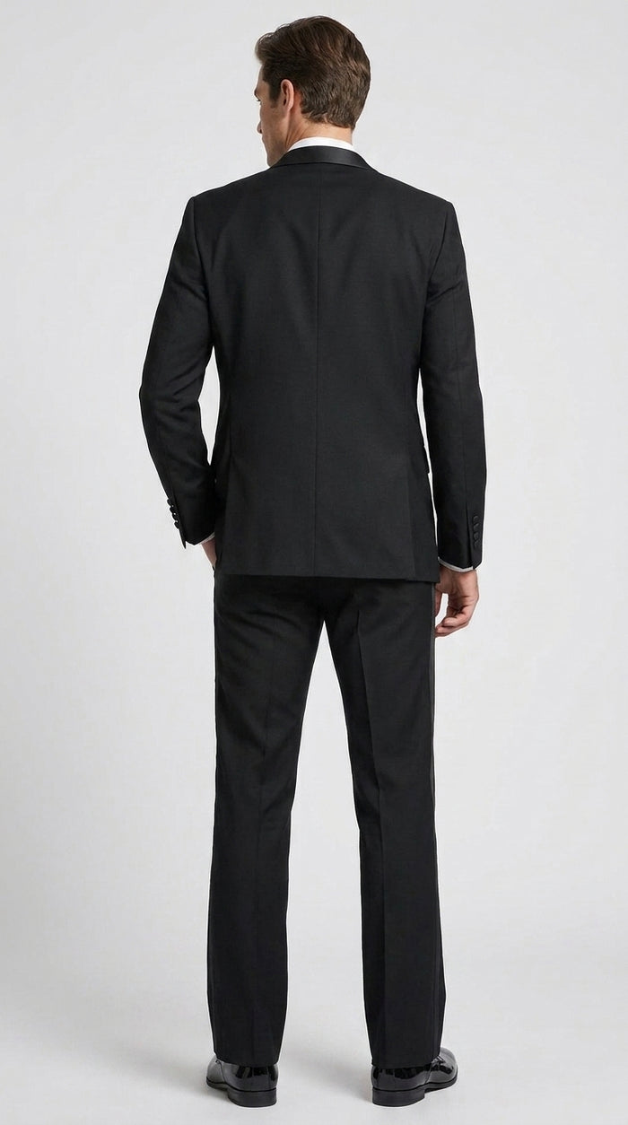 Men’s Black Boot Cut 3-Piece Tuxedo Suit – Peak Lapel Wedding, Prom and Formal Suit 1970s Style