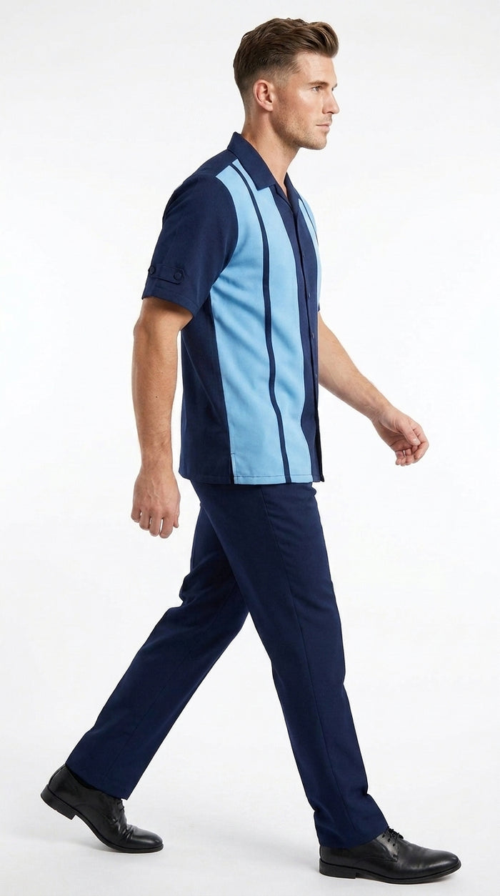 Men’s Navy and Sky Blue Walking Suit – 2-Piece Short Sleeve Casual Leisure Outfit