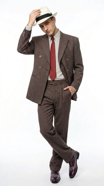 Men’s Brown Pinstripe Bonnie and Clyde Costume Suit – Vintage Gangster 1920s Outfit for Party, Halloween and Themed Events Modern Fit