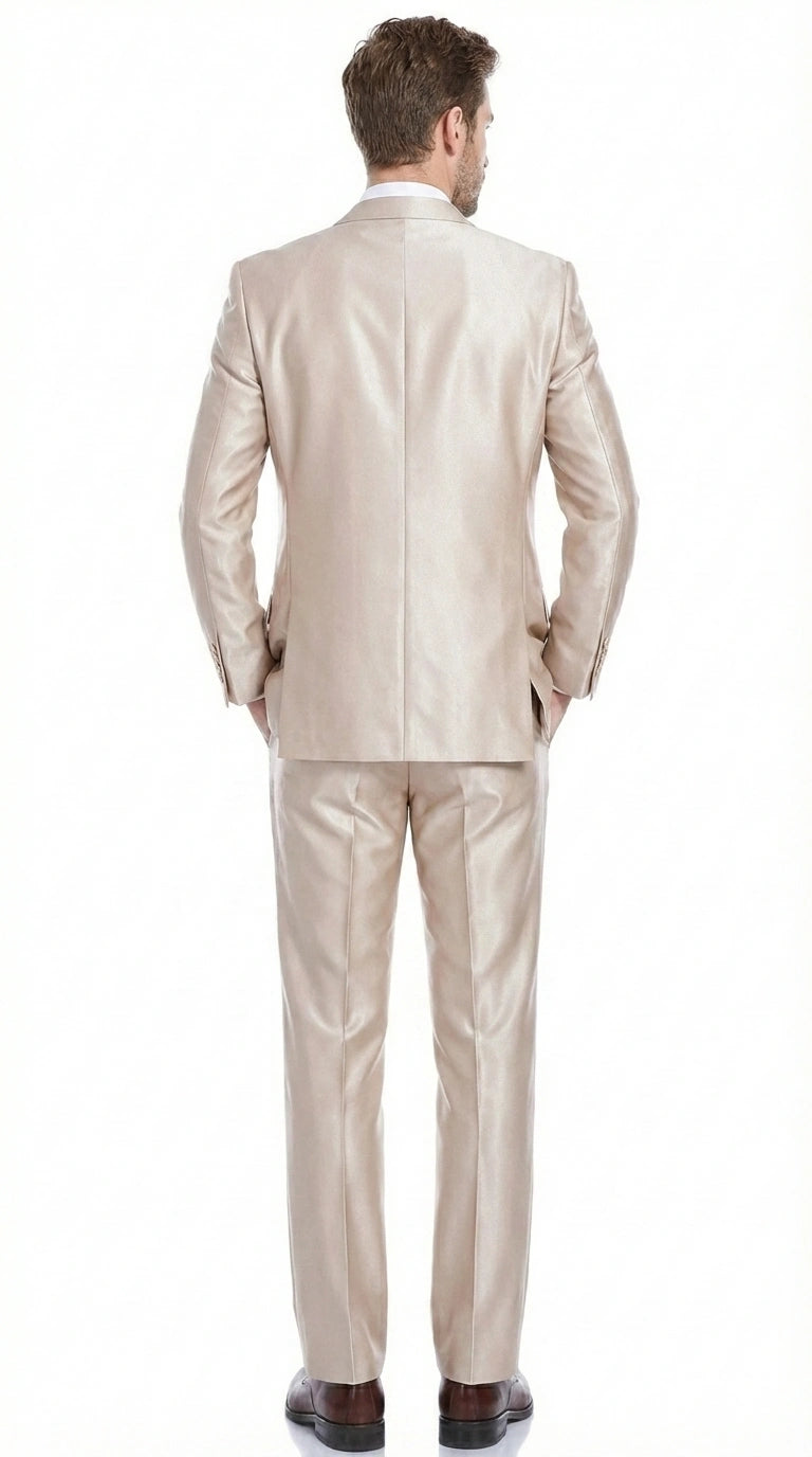 Men’s Champagne Tan Sharkskin 2 Button Suit – Shiny Formal Suit with Optional Vest for Wedding, Prom, Business Beige Color Modern Fit