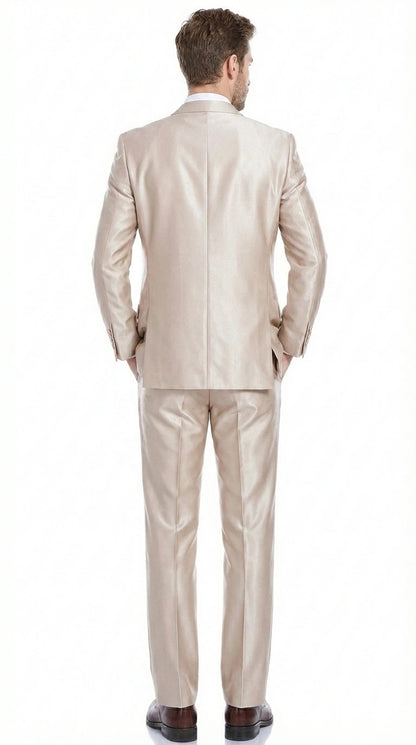 Men’s Champagne Tan Sharkskin 2 Button Suit – Shiny Formal Suit with Optional Vest for Wedding, Prom, Business Beige Color Modern Fit