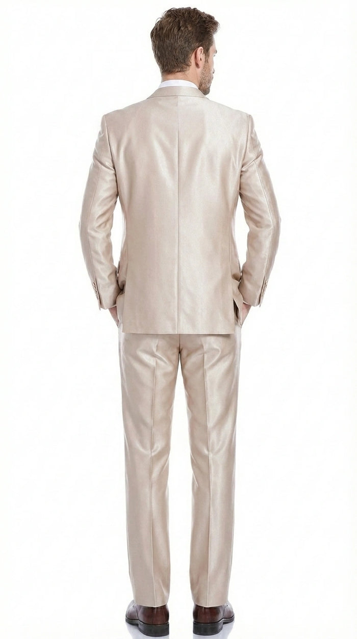 Men’s Champagne Tan Sharkskin 2 Button Suit – Shiny Formal Suit with Optional Vest for Wedding, Prom, Business Beige Color Modern Fit