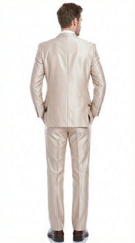 Men’s Champagne Tan Sharkskin 2 Button Suit – Shiny Formal Suit with Optional Vest for Wedding, Prom, Business Beige Color