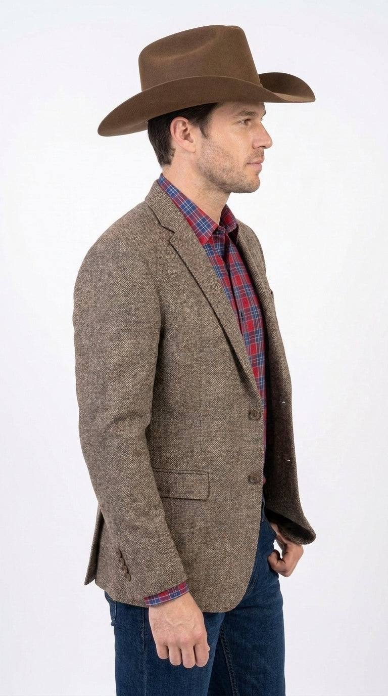 Men’s Light Brown Western Blazer – Textured Tweed Herringbone Cowboy Sport Coat for Rodeo, Country Taupe Dark Tan Color Wool Fabric