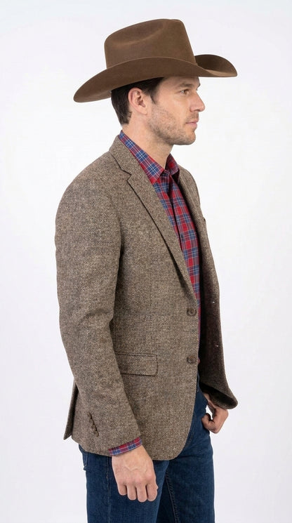 Men’s Light Brown Western Blazer – Textured Tweed Herringbone Cowboy Sport Coat for Rodeo, Country Taupe Dark Tan Color Wool Fabric