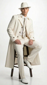 Men’s Ivory Cream Off White  Full Length Zoot Suit – Vintage Gangster Style Long Coat Formal Suit